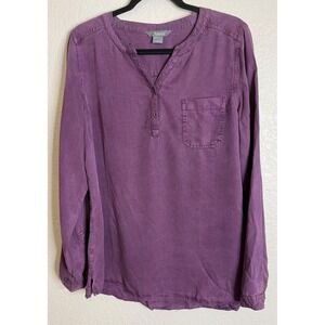 Natural Reflections Womens L Purple Henley Blouse Top Long Sleeve Chic Preppy